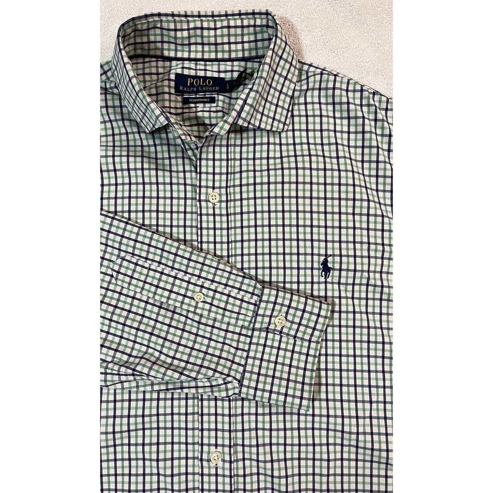 Polo Ralph Lauren Performance Men Large‎ Blue Green Tattersall Check Pony Oxford